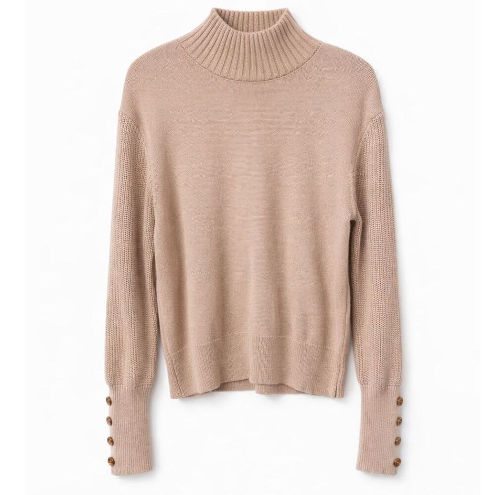 Taupe Mock Neck Sweater Womens L Pearl Button Sleeve Soft Minimalist Viscose Lux